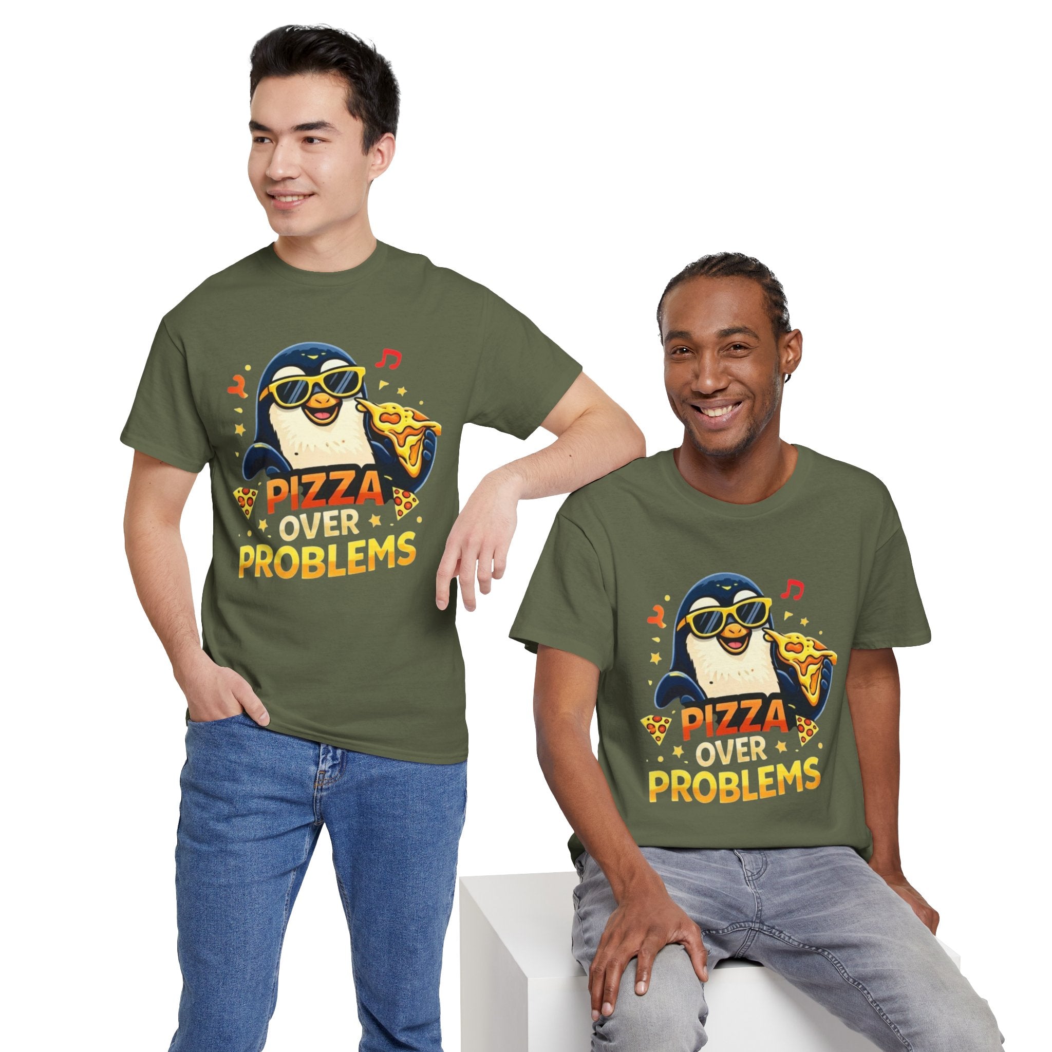 Pizza Over Problems T‑Shirt — Cute Penguin Eating Pizza Graphic Tee