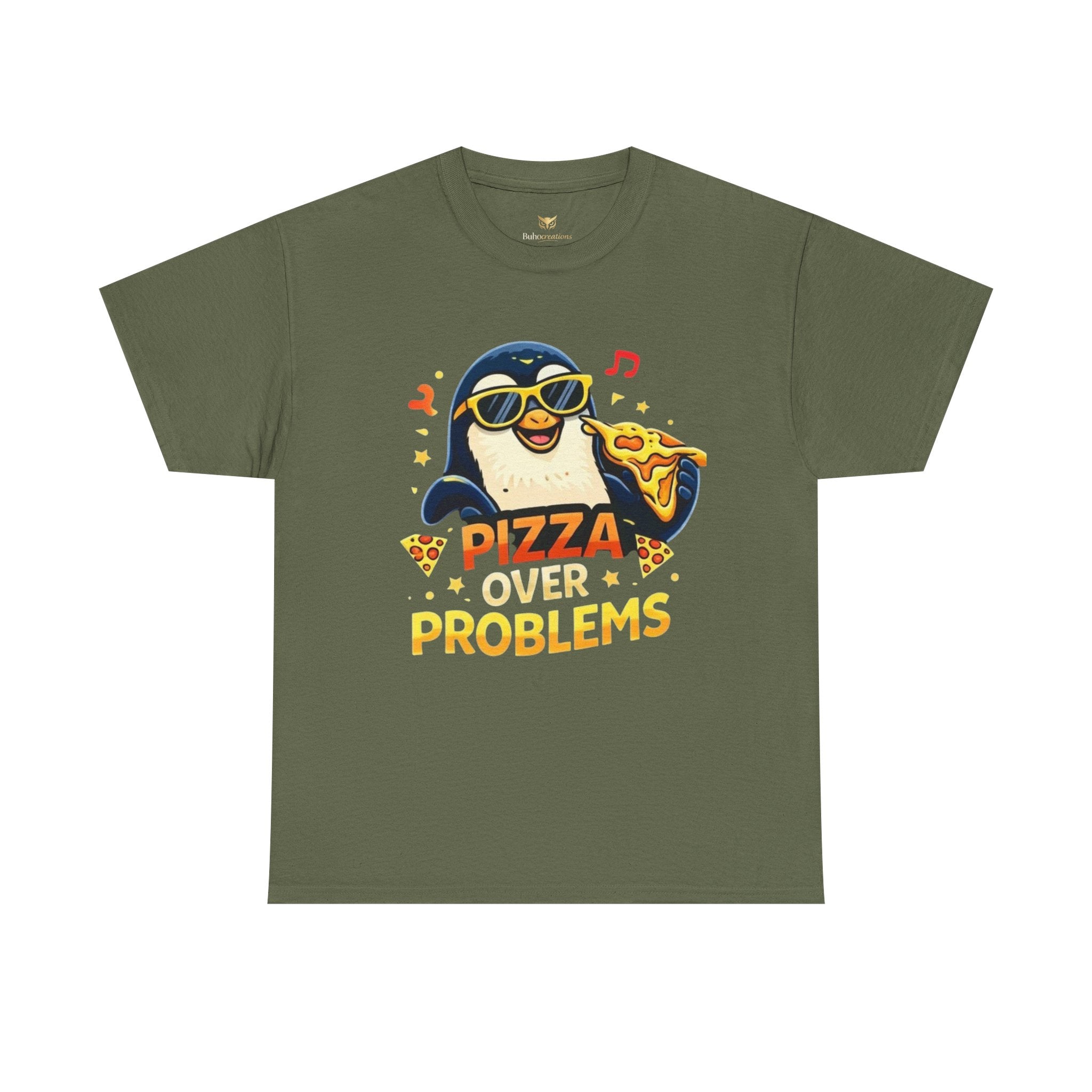 Pizza Over Problems T‑Shirt — Cute Penguin Eating Pizza Graphic Tee
