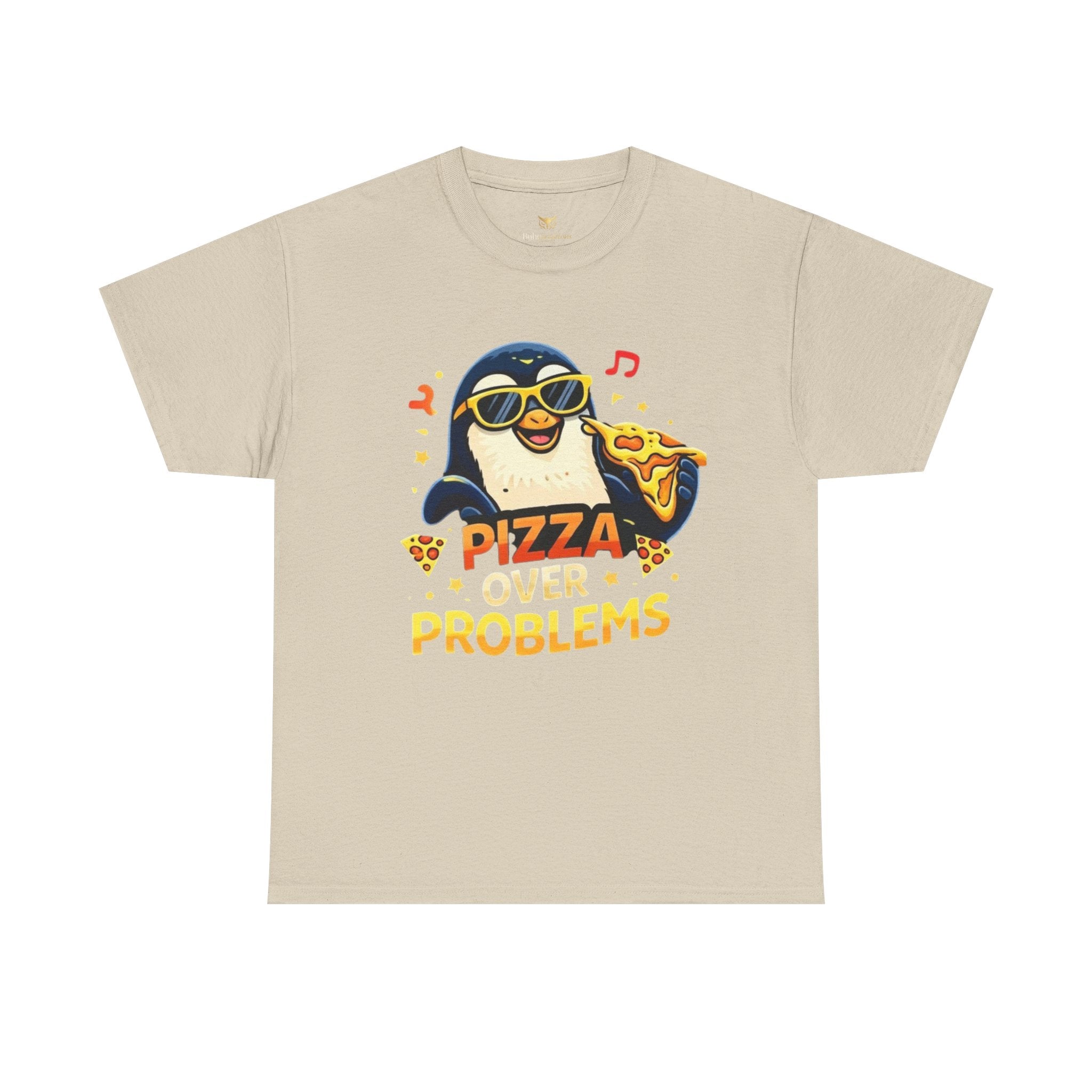 Pizza Over Problems T‑Shirt — Cute Penguin Eating Pizza Graphic Tee