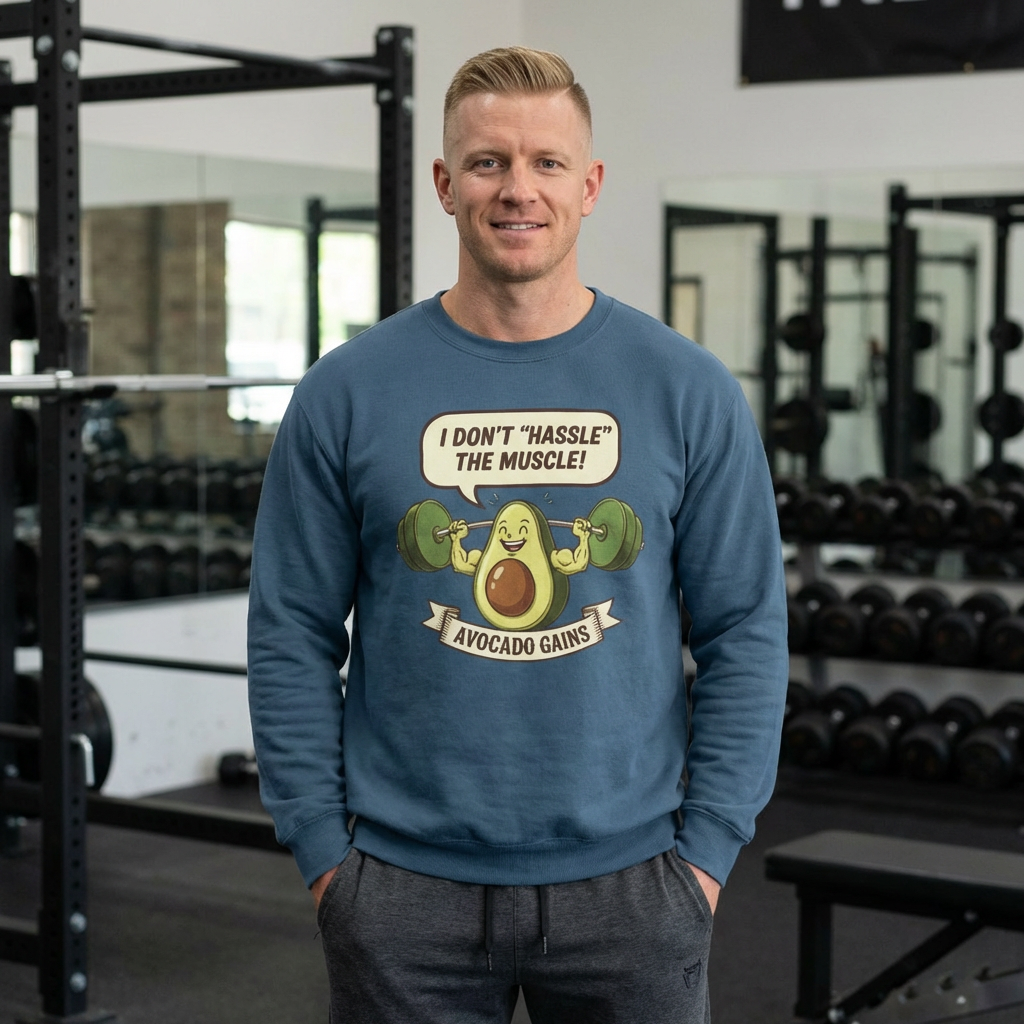 Sweatshirt — "I Don't 'Hassle' the Muscle!" Avocado Gains Graphic Crewneck