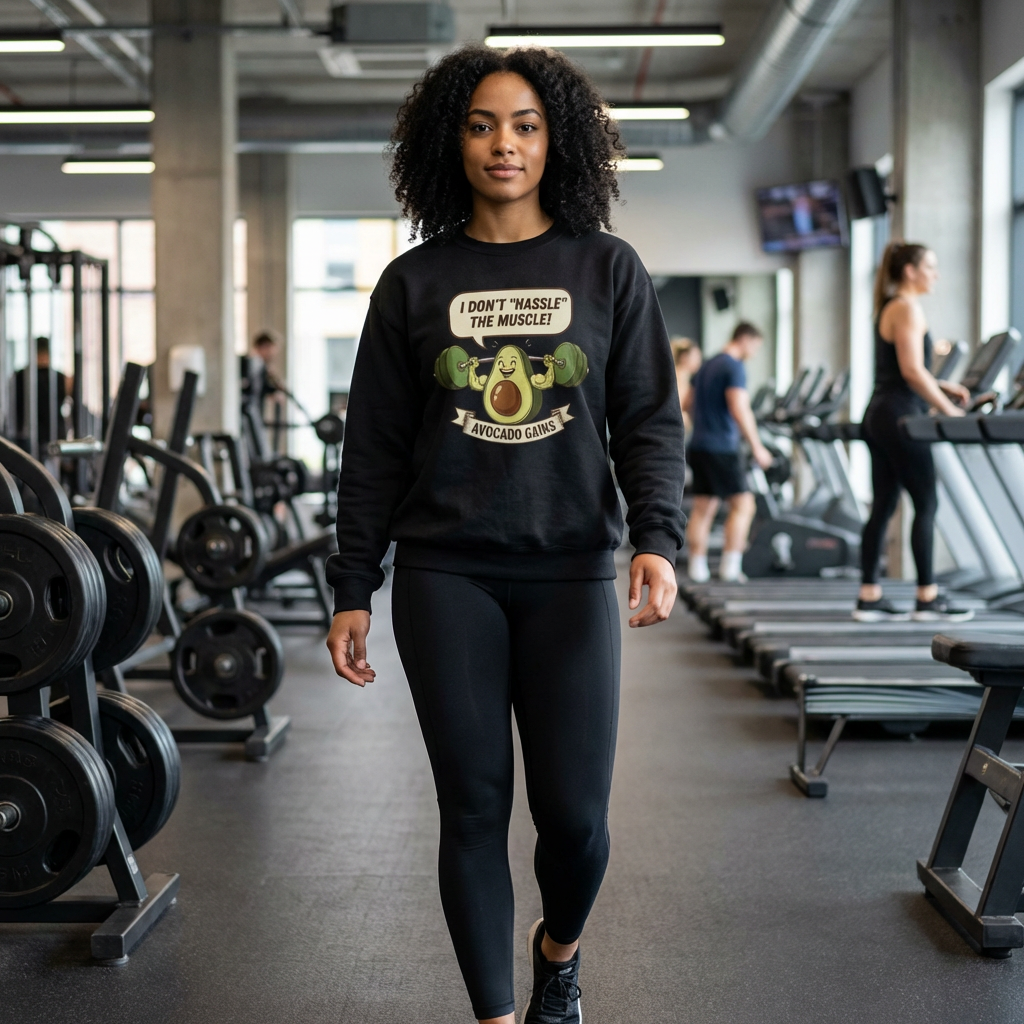 Sweatshirt — "I Don't 'Hassle' the Muscle!" Avocado Gains Graphic Crewneck