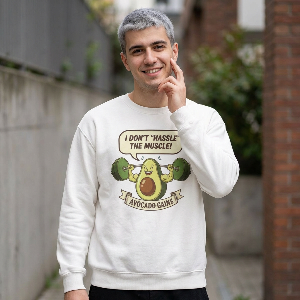 Sweatshirt — "I Don't 'Hassle' the Muscle!" Avocado Gains Graphic Crewneck