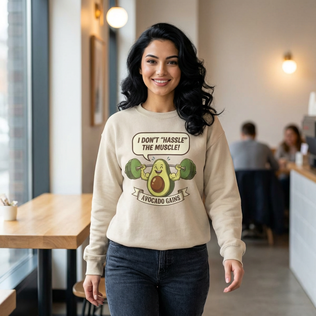 Sweatshirt — "I Don't 'Hassle' the Muscle!" Avocado Gains Graphic Crewneck