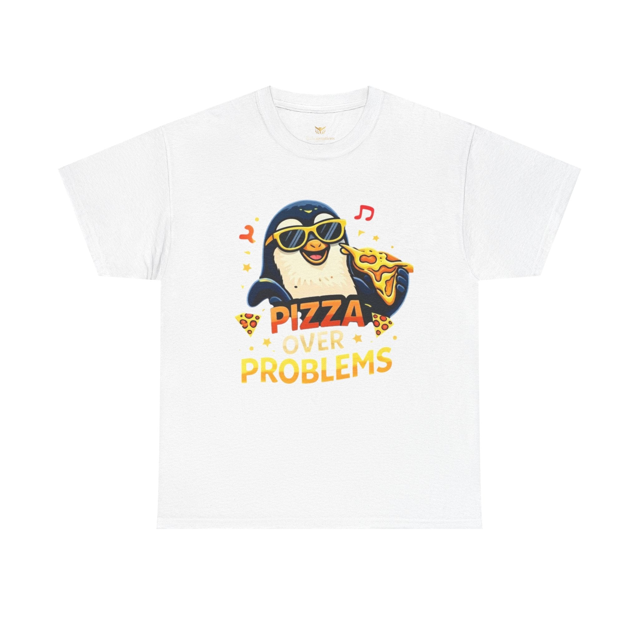 Pizza Over Problems T‑Shirt — Cute Penguin Eating Pizza Graphic Tee