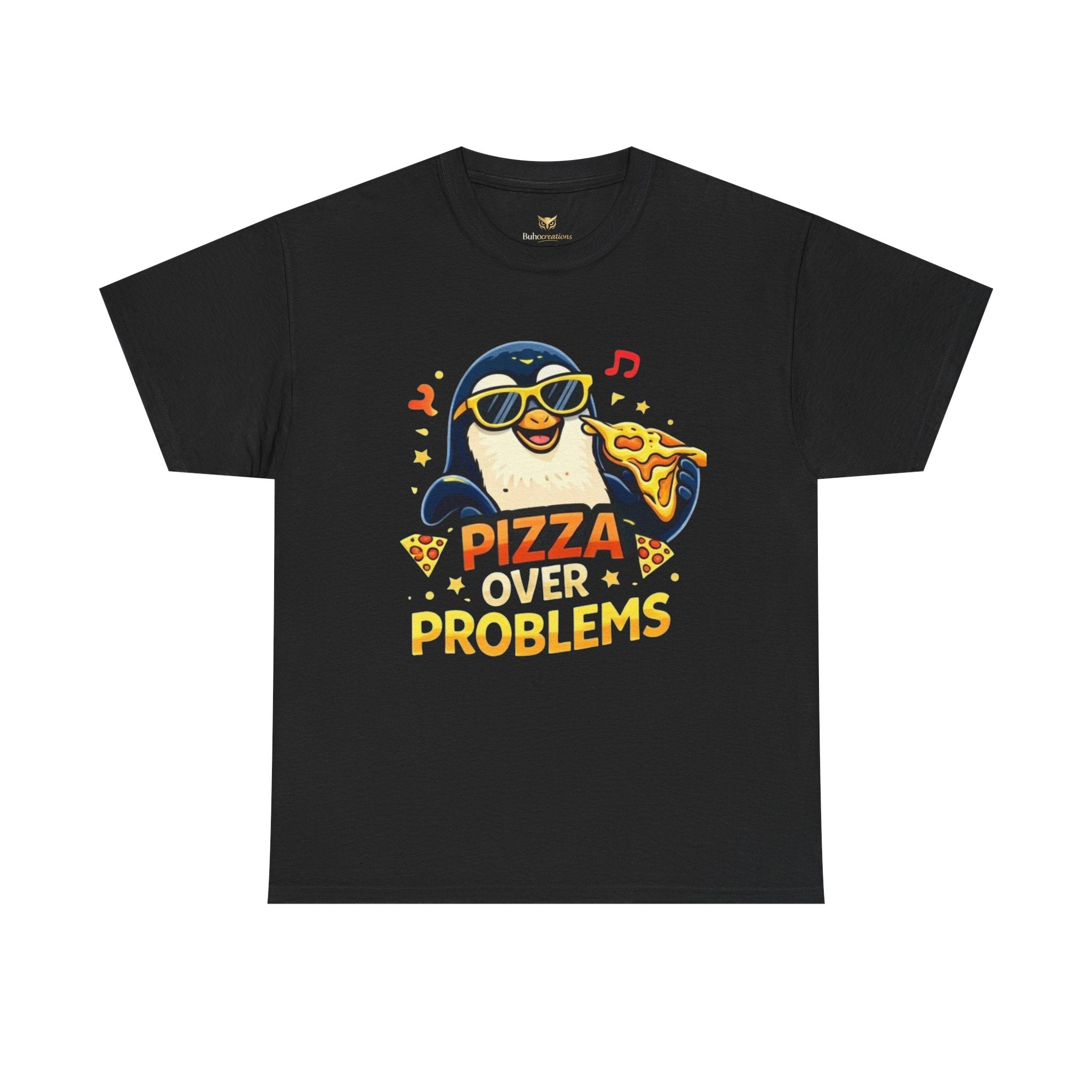 Pizza Over Problems T‑Shirt — Cute Penguin Eating Pizza Graphic Tee