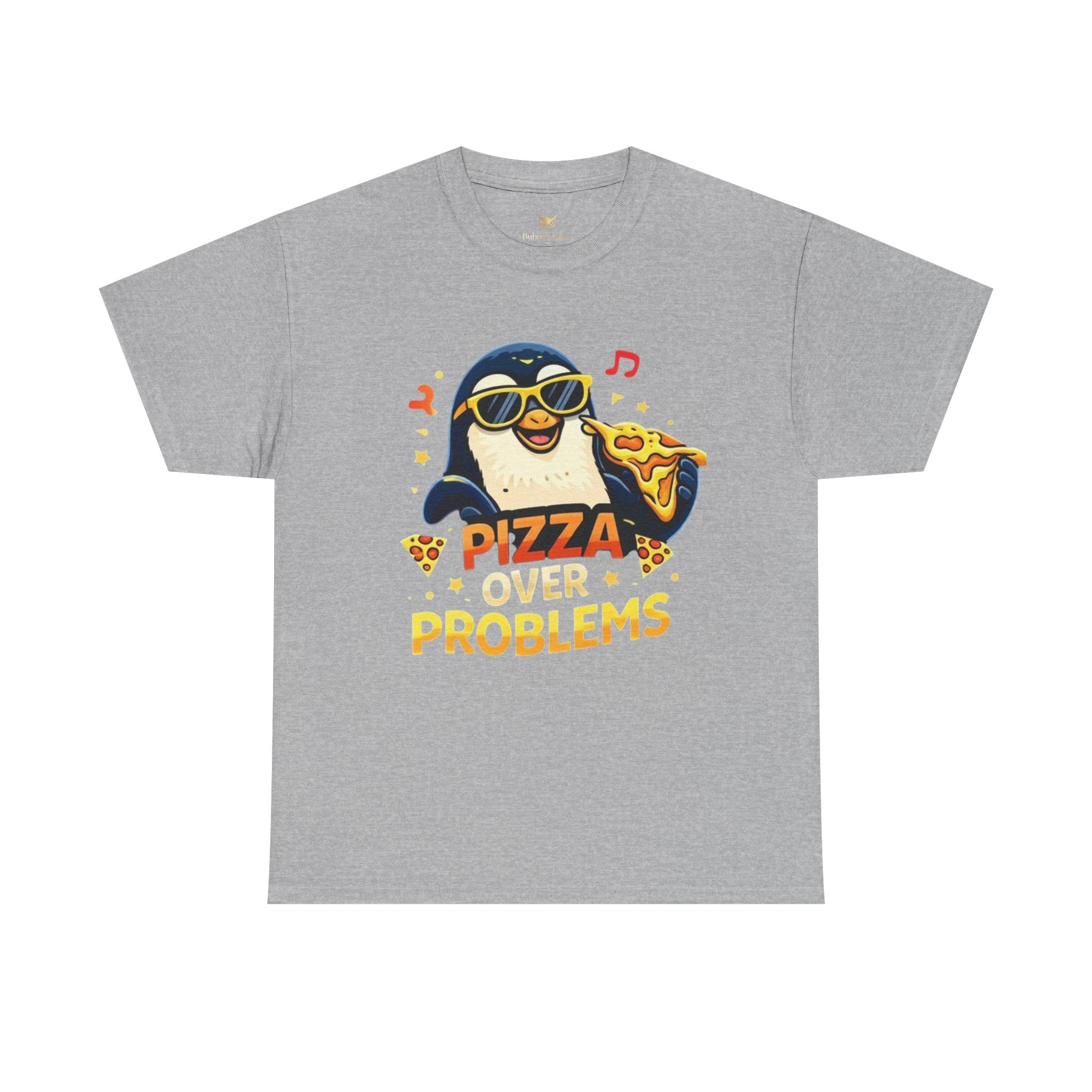 Pizza Over Problems T‑Shirt — Cute Penguin Eating Pizza Graphic Tee