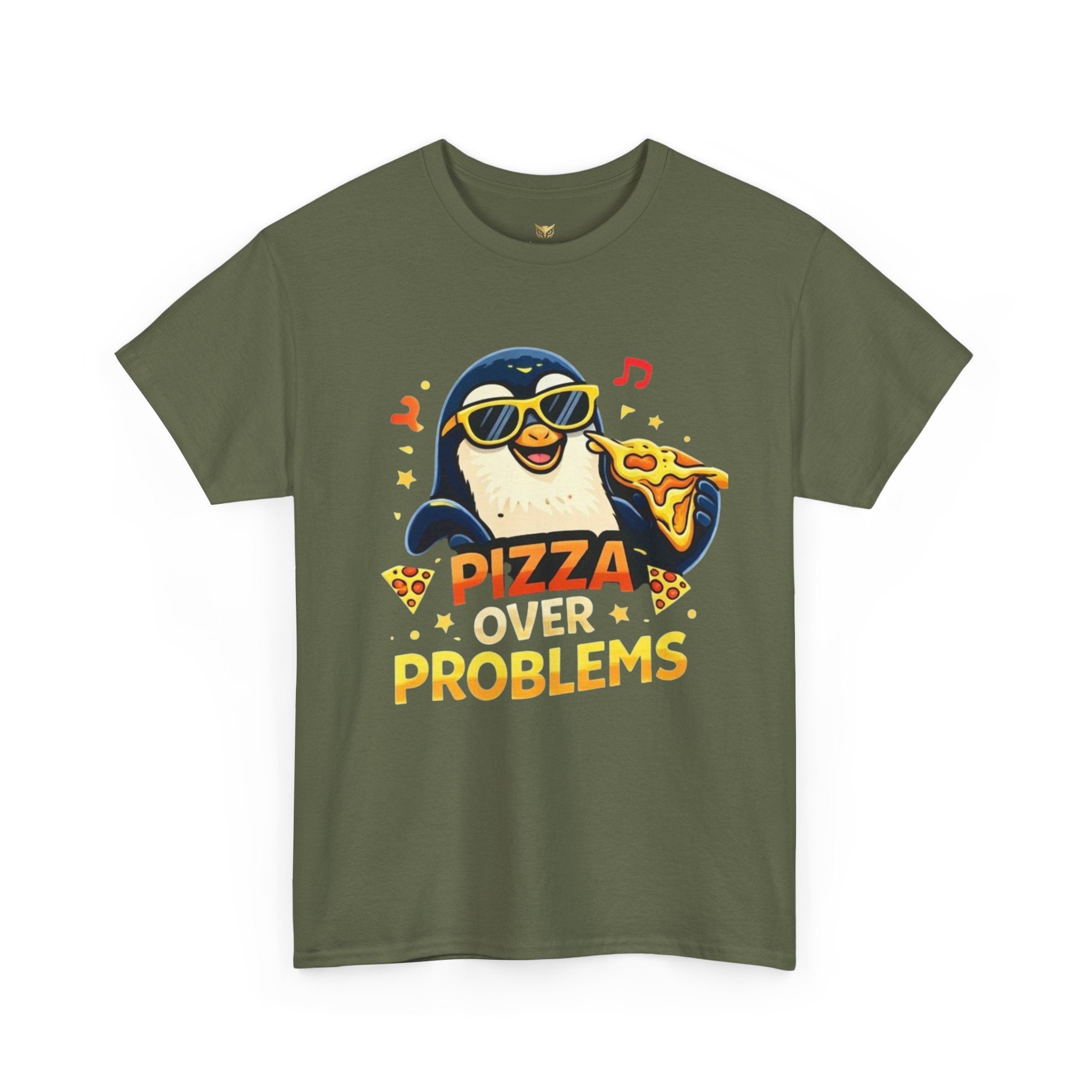 Pizza Over Problems T‑Shirt — Cute Penguin Eating Pizza Graphic Tee