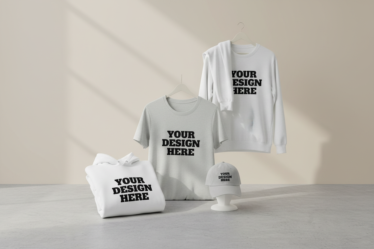 GENERAME UNA IMAGEN CON HOODIE,TSHIRTS, SWEASHIRT AND HAT QUE CADA PRODUCTO DIGA YOUR DESIGN HERE